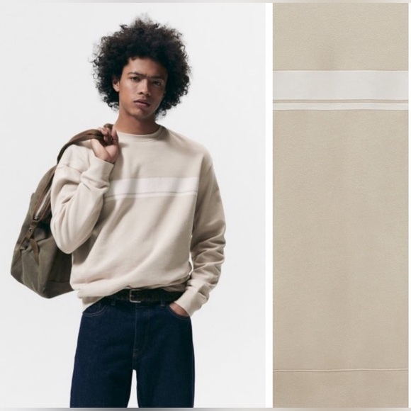 Zara Man Beige Sweatshirt with Contrast Stripe Size M NWT - Picture 3 of 5